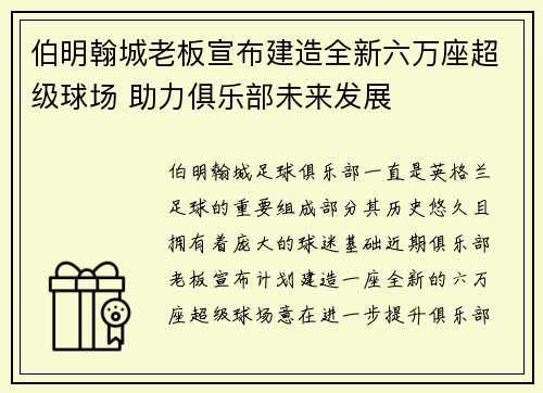 伯明翰城老板宣布建造全新六万座超级球场 助力俱乐部未来发展 伯明翰城老板宣布建造全新六万座超级球场 助力俱乐部未来发展
